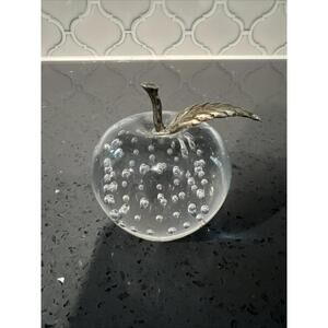 Vintage Glass Apple Paperweight Clear with Controlled Bubbles Brass Leaf Stem